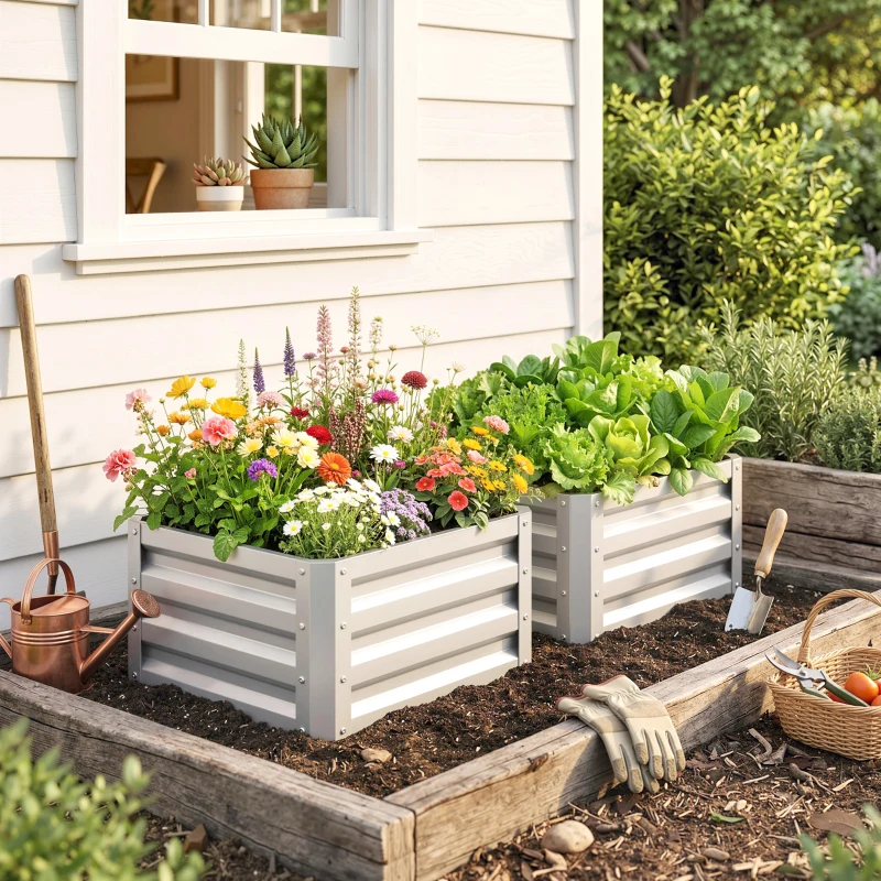 Outsunny 2Pcs 2' x 2' x 1' Galvanized Raised Garden Bed Kit, Square Outdoor Metal Planter Box with Open Bottom for Vegetables, Flowers, Herbs, Silver