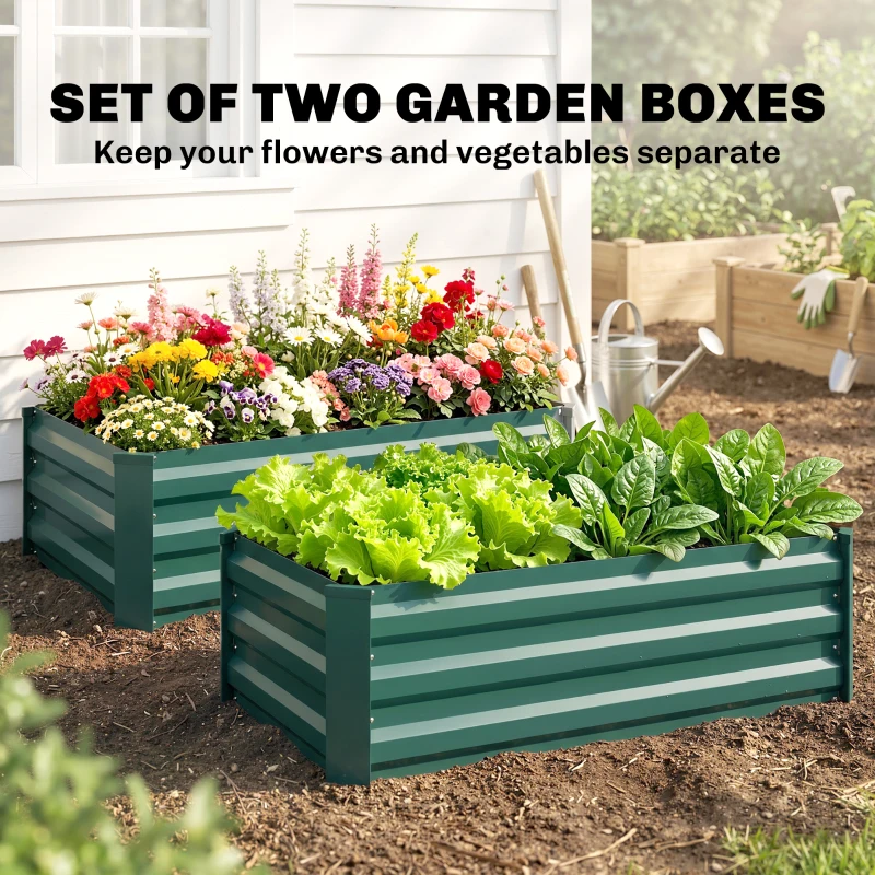 Outsunny Set of 2 Galvanized Raised Beds for Garden, Outdoor Planter Box for Flowers, Herbs and Vegetables, Green