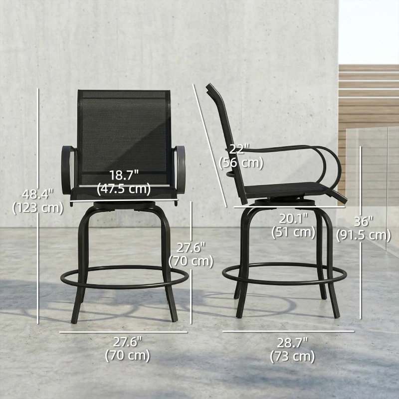 Outsunny Outdoor Bar Stools Set of 2, 360° Swivel Bar Height Chairs, 27.6" x 28.7" x 48.4", Black