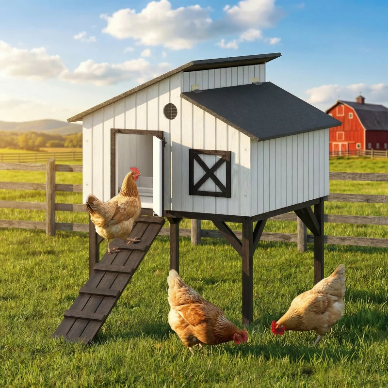 PawHut Chicken Coop Hen House with Nesting Box, Elevated Rabbit Hutch with Ramp, Asphalt Openable Roof and Elevated Legs
