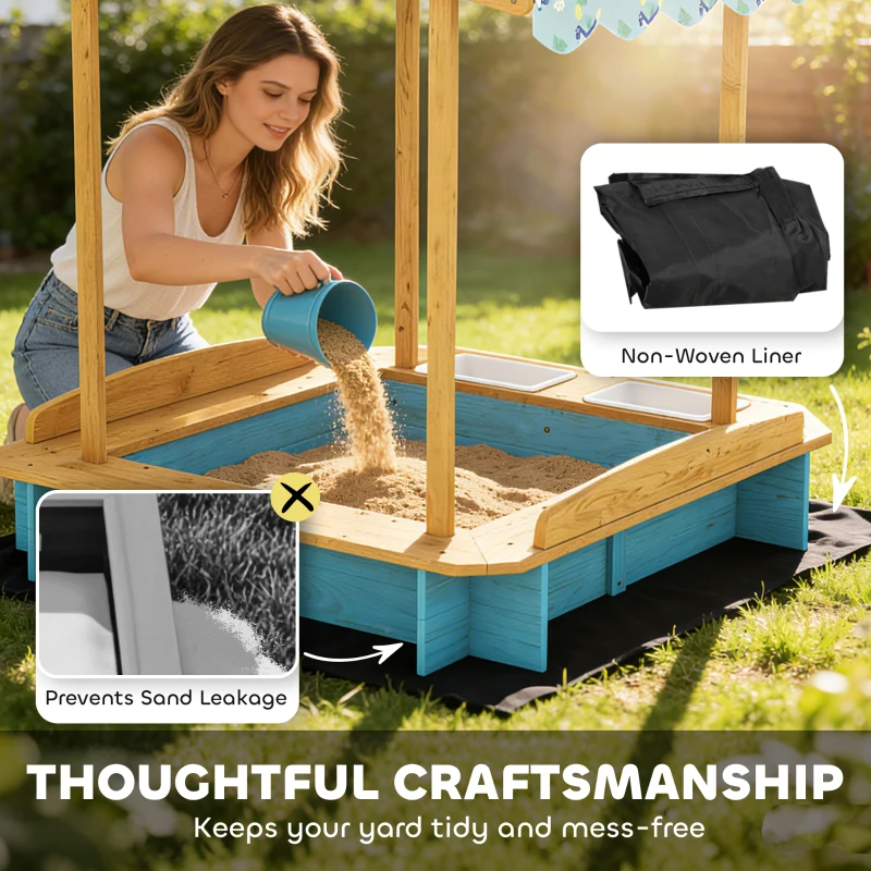 Qaba Wooden Sandbox with Dinosaur Print Canopy Kids Sandbox Outdoor with Bench Seats & 2 Storage Bins