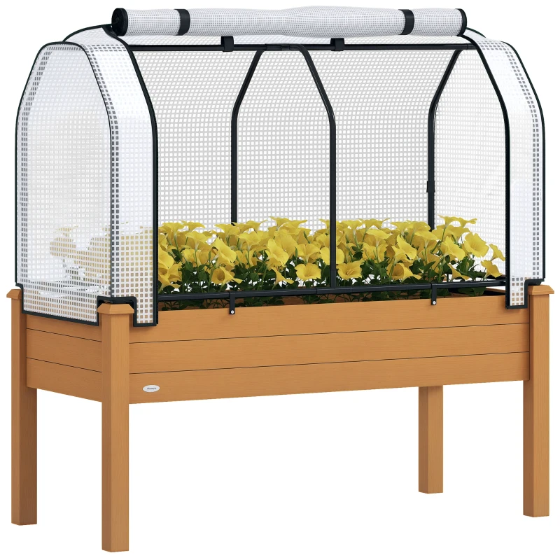 Outsunny Raised Garden Bed with PE Greenhouse Cover Outdoor Elevated Wood Planter Box for Herbs and Vegetables Sand