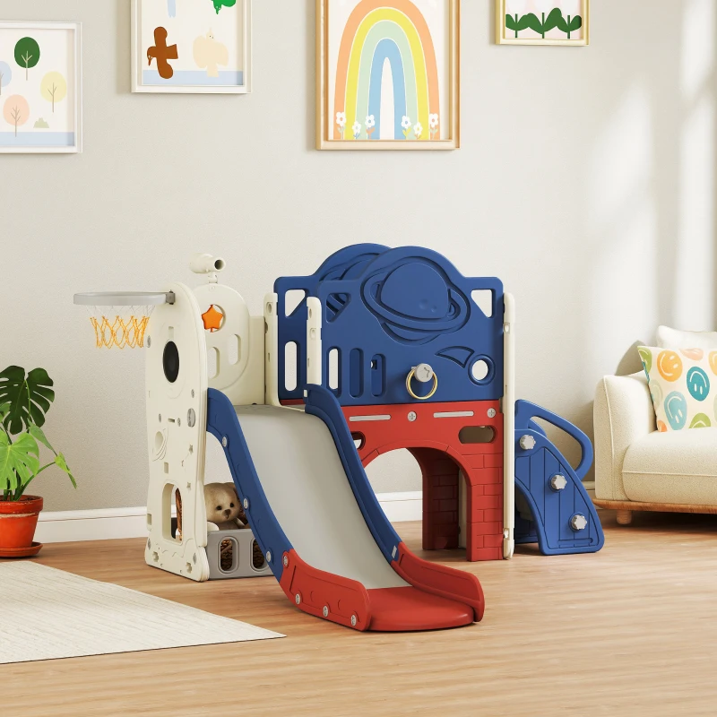 Qaba 8-in-1 Toddler Slide Set with Basketball Hoop, Indoor Outdoor Playground Playset for Kids, Blue