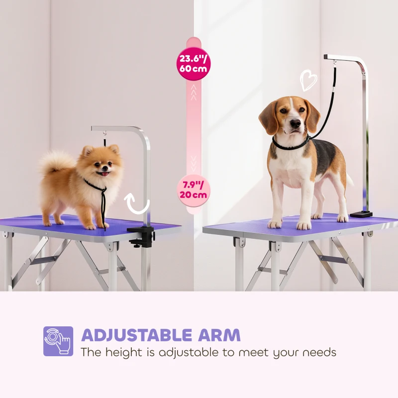 PawHut Foldable Pet Grooming Table for Dogs Cats with Adjustable Arm, Non-slip Surface, Purple