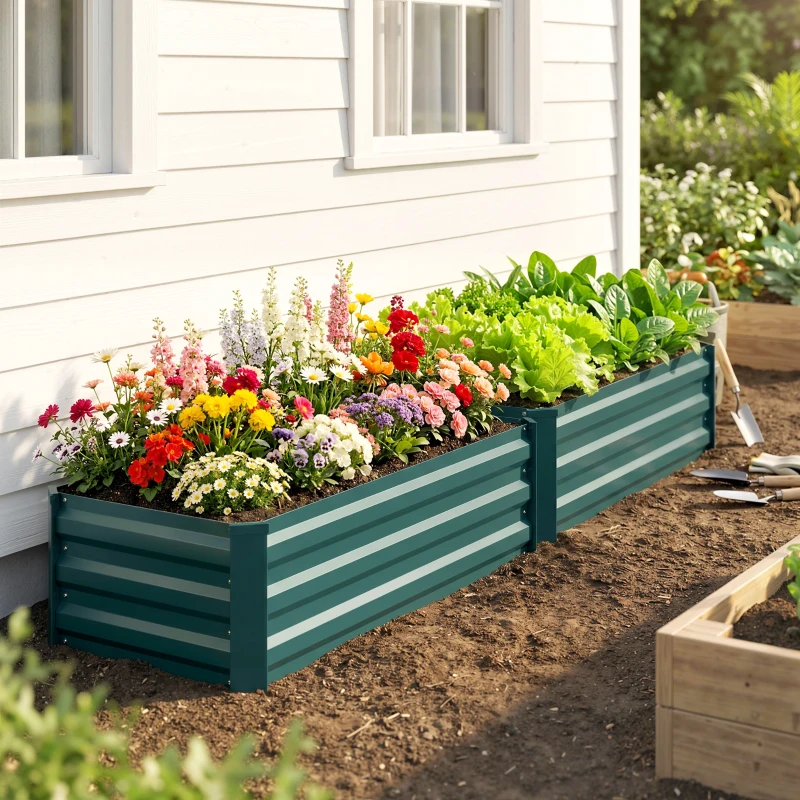 Outsunny Set of 2 Galvanized Raised Beds for Garden, Outdoor Planter Box for Flowers, Herbs and Vegetables, Green