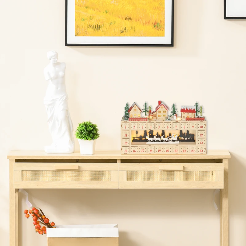 HOMCOM Christmas Advent Calendar with 24 Countdown Drawers and LED Lights, Wood-Effect Advent Calendar, Battery Operated