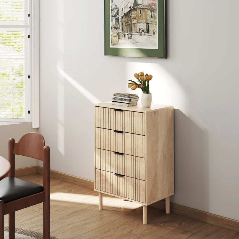 HOMCOM Chest of Drawers, 4 Drawer Dresser with Fluted Panels and Solid Wood Legs, Storage Cabinet for Living Room, Oak