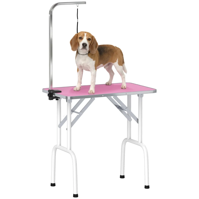 PawHut Foldable Pet Grooming Table for Dogs Cats with Adjustable Arm, Non-slip Surface, Pink