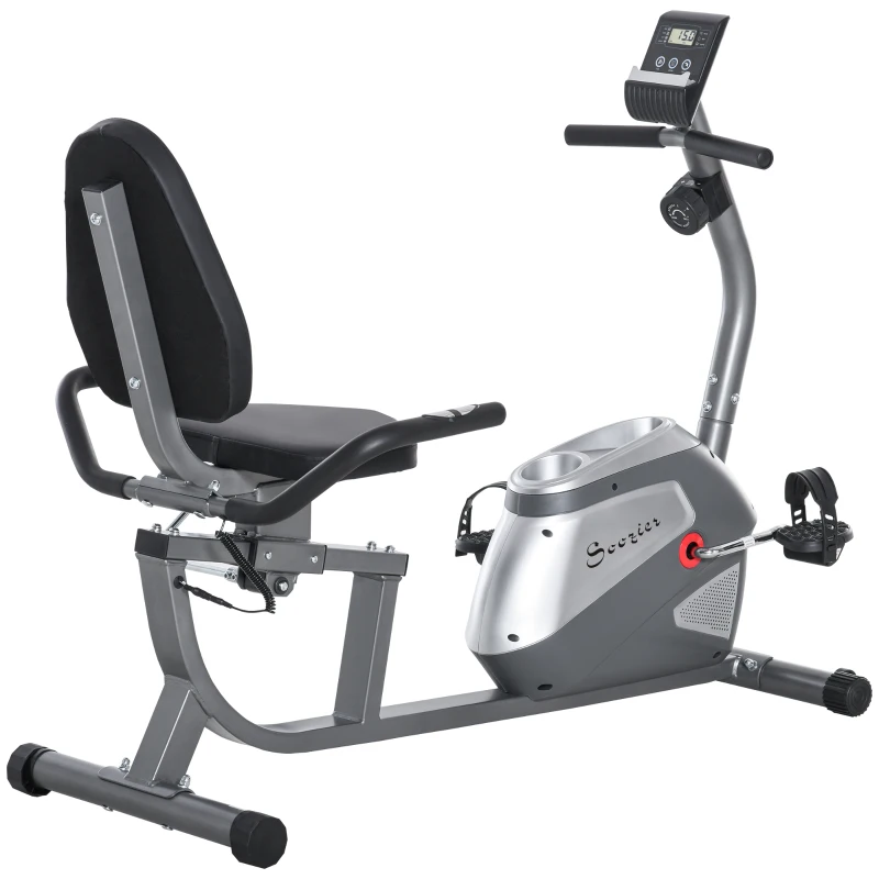 Soozier Recumbent Exercise Bike Indoor Magnetic Fitness Training Bike Stationary Workout Cycling Bike with 8 Adjustable Resistance, Pad Holder Bottle Holder LCD Monitor, Grey