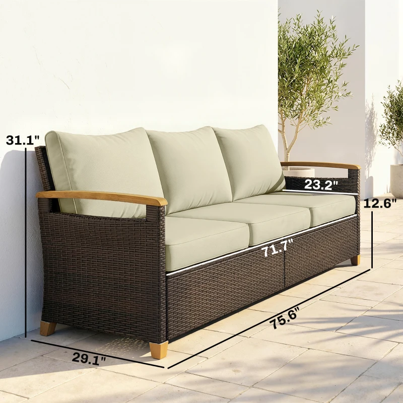 Outsunny 3 Seater Outdoor Couch Sofa, PE Wicker Patio Sofa, Wide Deep Seat, 4" Cushions, Wood-Effect Armrests Legs, Beige