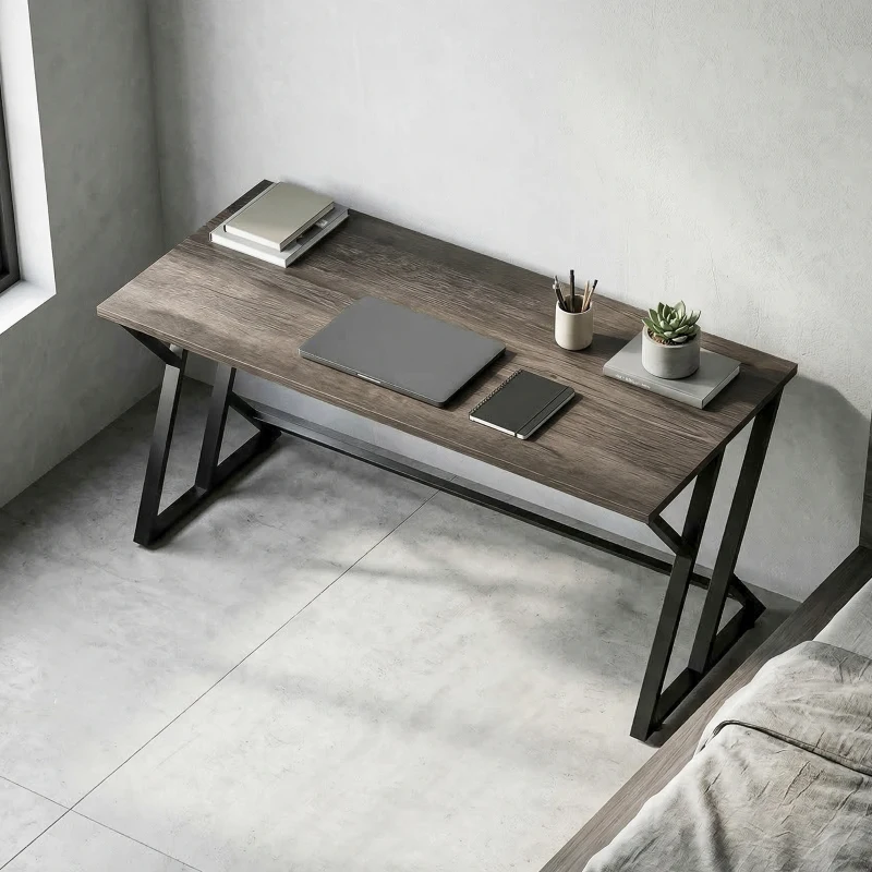 HOMCOM 55 Inch Computer Desk, Industrial Writing Desk with Z-Shaped Metal Leg, Study Table for Home Office, Distressed Gray