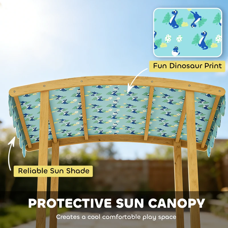 Qaba Wooden Sandbox with Dinosaur Print Canopy Kids Sandbox Outdoor with Bench Seats & 2 Storage Bins