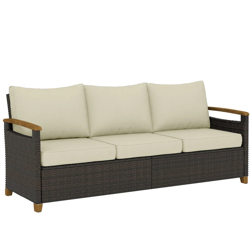 Outsunny 3 Seater Outdoor Couch Sofa, PE Wicker Patio Sofa, Wide Deep Seat, 4" Cushions, Wood-Effect Armrests Legs, Beige