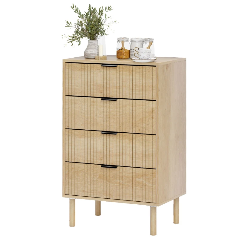 HOMCOM Chest of Drawers, 4 Drawer Dresser with Fluted Panels and Solid Wood Legs, Storage Cabinet for Living Room, Oak