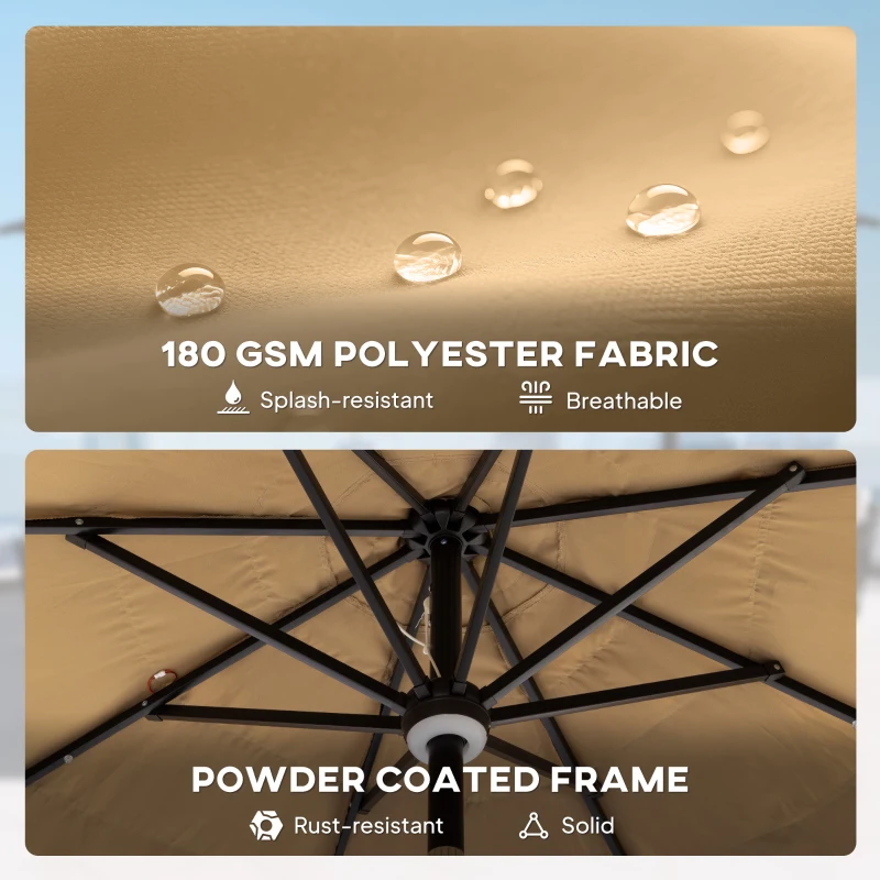 Outsunny 9 ft Hula Thatched Tiki Patio Umbrella with LED Solar Light, Outdoor Umbrella with Crank, Tilt, UPF30+, Khaki