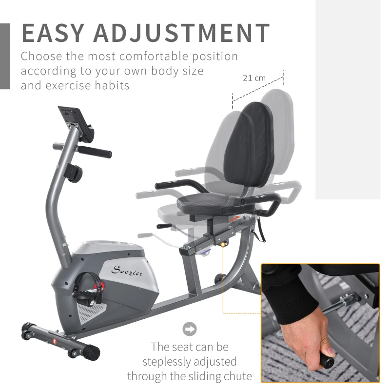Soozier Recumbent Exercise Bike Indoor Magnetic Fitness Training Bike Stationary Workout Cycling Bike with 8 Adjustable Resistance, Pad Holder Bottle Holder LCD Monitor, Grey
