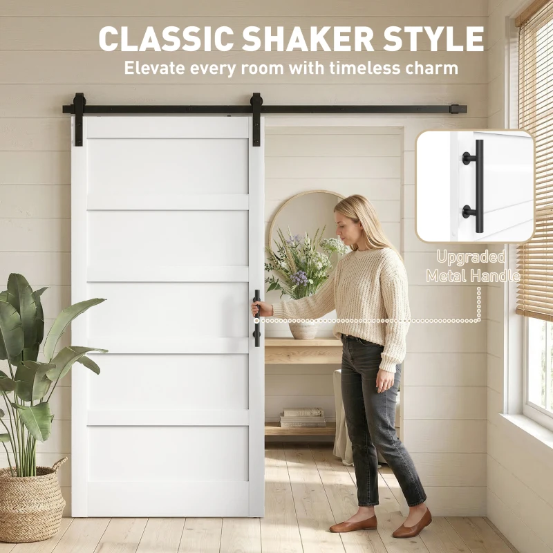 HOMCOM 42"x84" Sliding Barn Door with Hardware Kit, Shaker Style Sliding Door with Handle, Track, Floor Guide, White Wood Grain