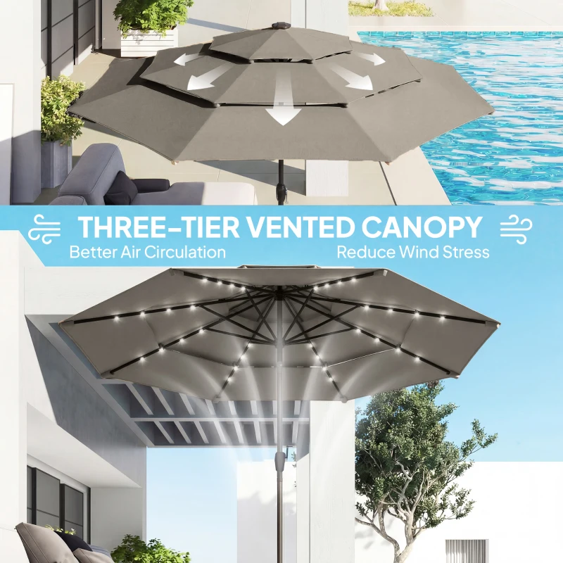 Outsunny 9.3 ft Patio Umbrella with Solar LED Lights, Cover, 3 Tier Outdoor Market Table Parasol with Tilt, Crank, Grey