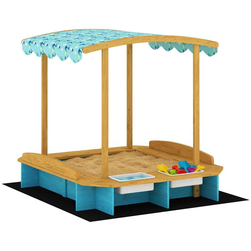 Qaba Wooden Sandbox with Dinosaur Print Canopy Kids Sandbox Outdoor with Bench Seats & 2 Storage Bins