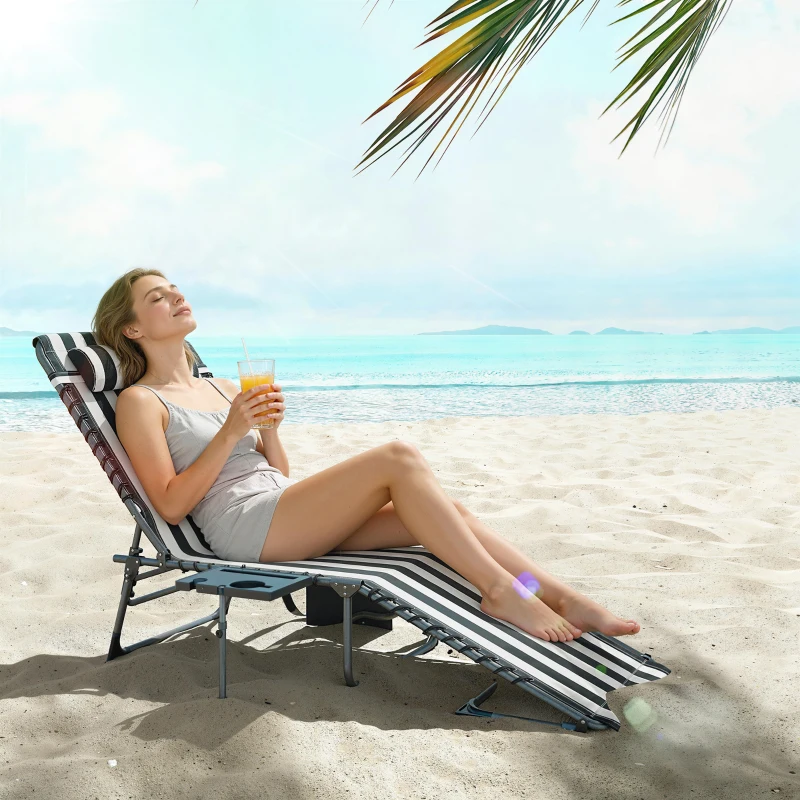 Outsunny Folding Outdoor Chaise Lounge Chair Tanning Chair with 5-Level Adjustable Back, Side Table, Pillow, Pocket, Blue White