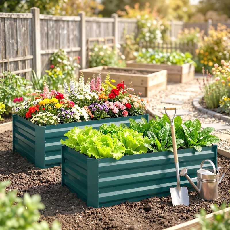 Outsunny Set of 2 Galvanized Raised Beds for Garden, Outdoor Planter Box for Flowers, Herbs and Vegetables, Green