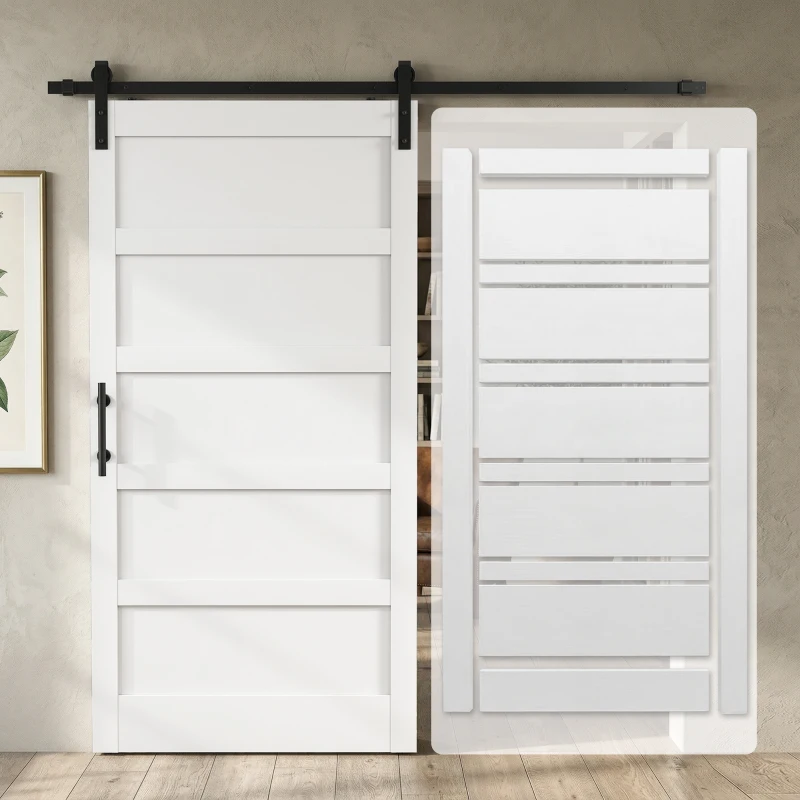 HOMCOM 42"x84" Sliding Barn Door with Hardware Kit, Shaker Style Sliding Door with Handle, Track, Floor Guide, White Wood Grain