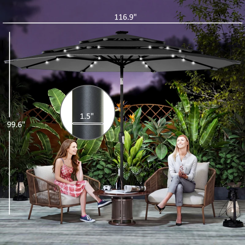 Outsunny 9.7 ft Outdoor Patio Umbrella with Solar LED Lights, 3 Tier Outdoor Table Umbrella with Tilt, Crank, Black