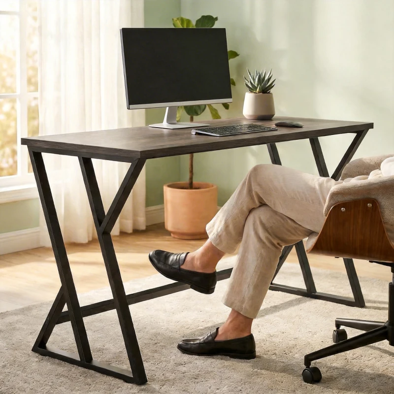 HOMCOM 55 Inch Computer Desk, Industrial Writing Desk with Z-Shaped Metal Leg, Study Table for Home Office, Distressed Gray