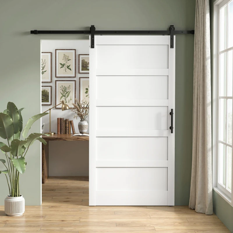 HOMCOM 42"x84" Sliding Barn Door with Hardware Kit, Shaker Style Sliding Door with Handle, Track, Floor Guide, White Wood Grain