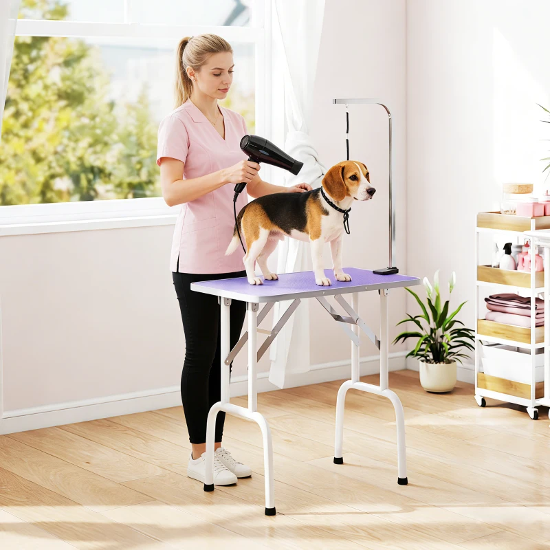 PawHut Foldable Pet Grooming Table for Dogs Cats with Adjustable Arm, Non-slip Surface, Purple