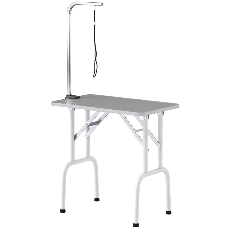 PawHut Foldable Pet Grooming Table for Dogs Cats with Adjustable Arm, Non-slip Surface, Grey