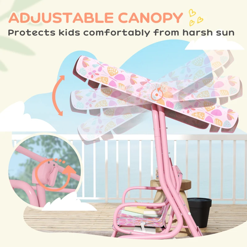 Qaba Kids Patio Swing, 2-Seater Outdoor Porch Swing with Safety Belt and Adjustable Canopy for Backyard Garden, Pink