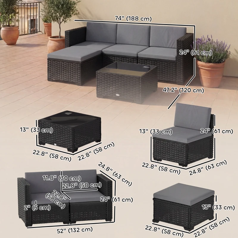 Outsunny 5 Piece Patio Furniture Set, L-Shape Wicker Outdoor Sectional with 3 Chairs, Ottoman, Glass Table, Cushions, Grey
