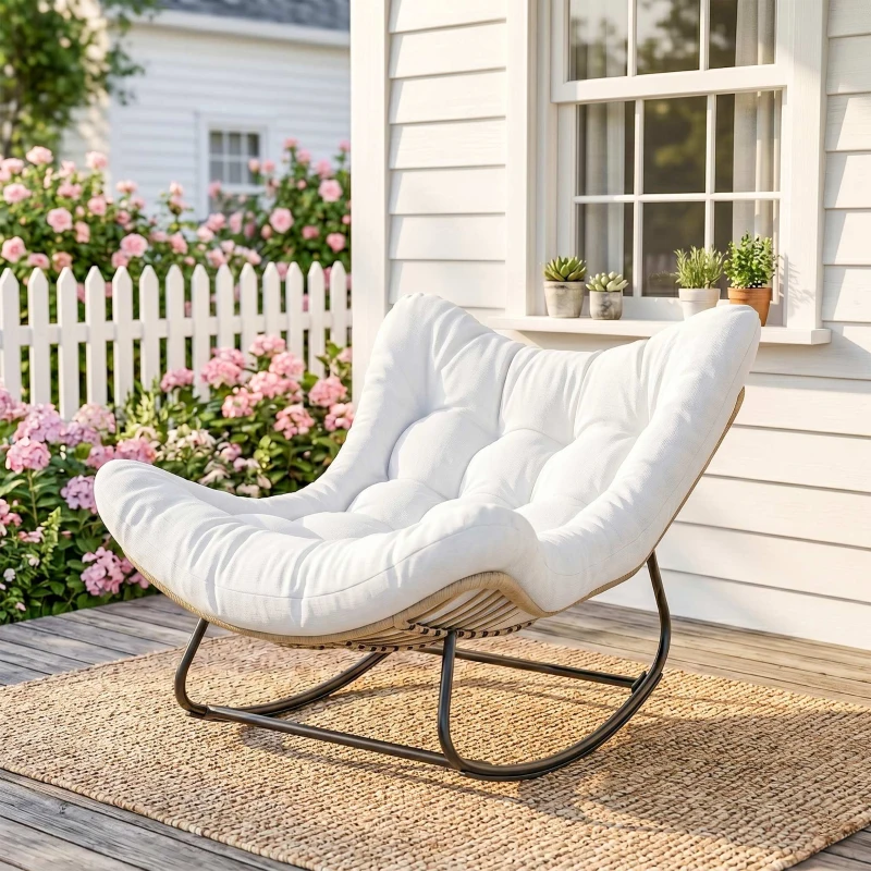 Outsunny Oversized Rattan Patio Egg Chair, Outdoor Rocking Chair with Padded Cushion for Indoor, Porch, Cream White