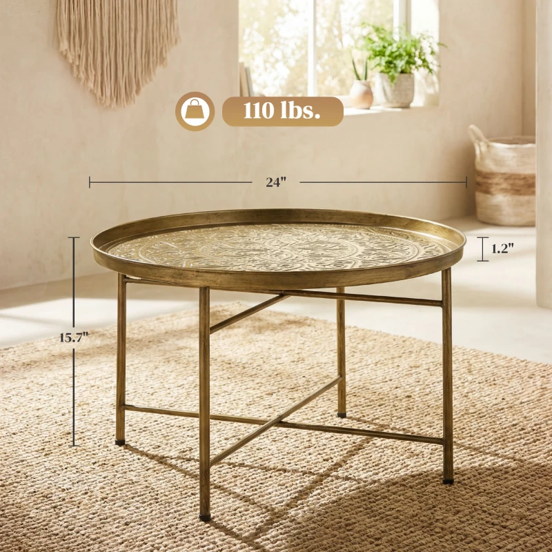 HOMCOM Coffee Table for Living Room, 24" Round Center Table with Hammered Tray Top and Metal Frame for Bedroom, Gold