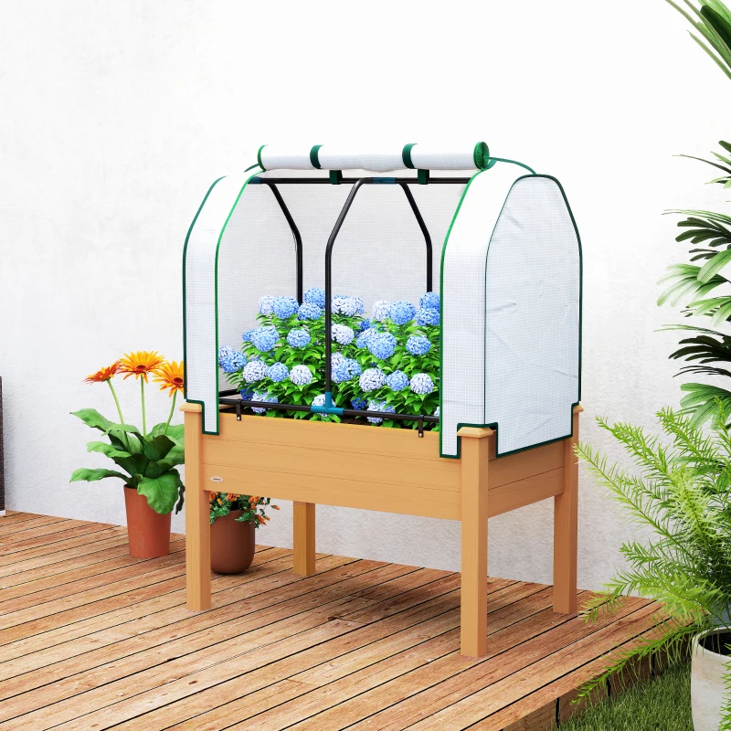 Outsunny Raised Garden Bed with PE Greenhouse Cover Outdoor Planter Box for Herbs and Vegetables, 35 x 22 x 47 inch, Sand