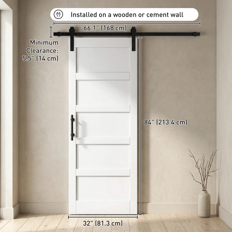 HOMCOM 32"x84" Sliding Barn Door with Hardware Kit, Shaker Style Sliding Door with Handle, Track, Floor Guide, White Wood Grain