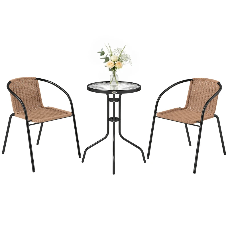 Outsunny 3 Pieces Outdoor Wicker Furniture Set with 2 Stackable Chairs, Tempered Glass Coffee Table for Garden, Backyard, Brown