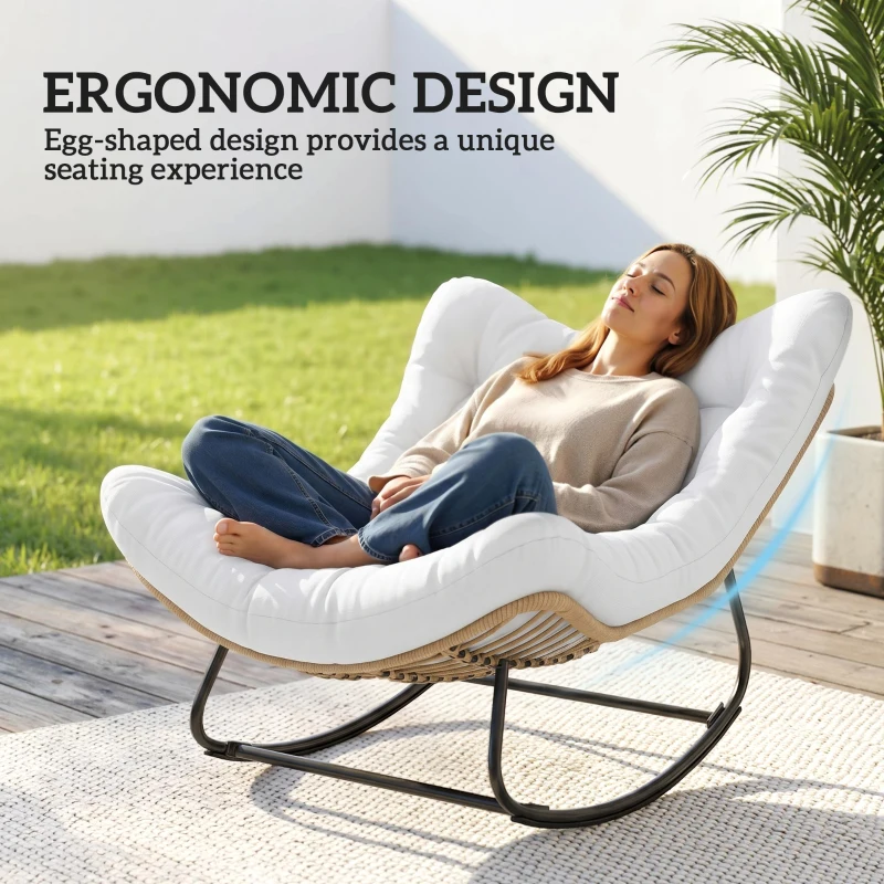 Outsunny Oversized Rattan Patio Egg Chair, Outdoor Rocking Chair with Padded Cushion for Indoor, Porch, Cream White