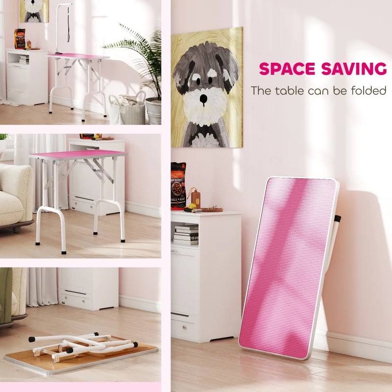 PawHut Foldable Pet Grooming Table for Dogs Cats with Adjustable Arm, Non-slip Surface, Pink