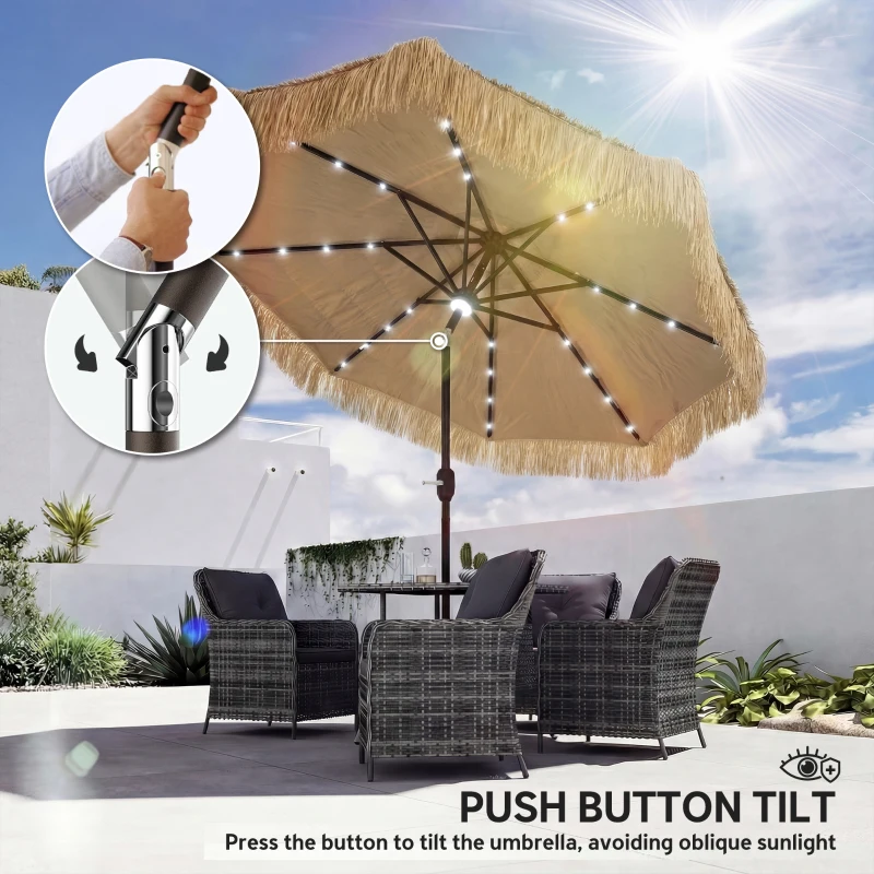 Outsunny 9 ft Hula Thatched Tiki Patio Umbrella with LED Solar Light, Outdoor Umbrella with Crank, Tilt, UPF30+, Khaki