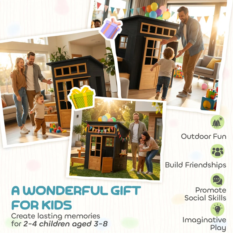 Qaba Outdoor Playhouse, Wooden Kids Playhouse w/ Picnic Table & Benches, Chalkboards, Half Door, Windows, for Kids Ages 3-8
