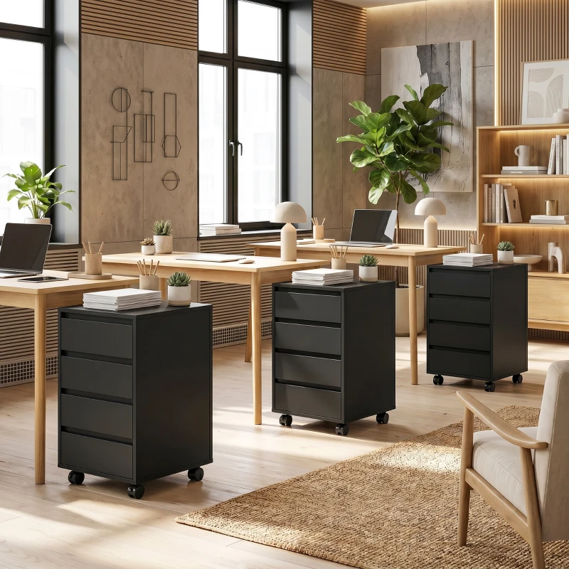 HOMCOM 4 Drawer File Cabinet, Vertical Filing Cabinet with Wheels, Modern Printer Stand for Home Office, Black