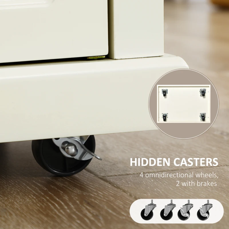 HOMCOM Rolling Kitchen Island Cart, Portable Serving Trolley Table with Drawer, Adjustable Shelf and 2 Towel Racks, Cream White