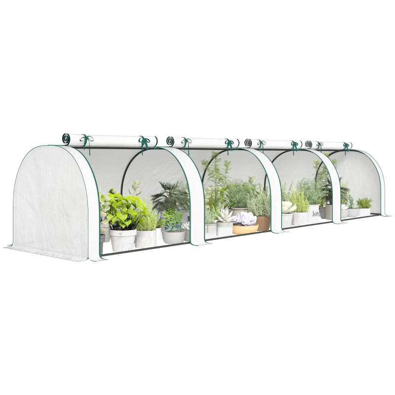 Outsunny Mini Greenhouse, Portable Greenhouse with 4 Roll-Up Doors, PE Cover, 177.2" x 39.4" x 31.5", White