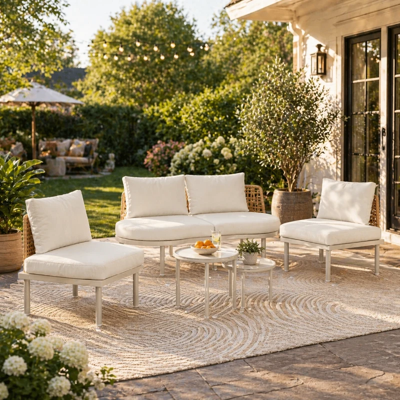 6-Piece Half Moon Patio Set with 2 Nesting Table for Backyard, Modular Wicker Sectional Sofa with Cushion, 34.5'' L x 25.5'' W x 12.5'' H, Beige