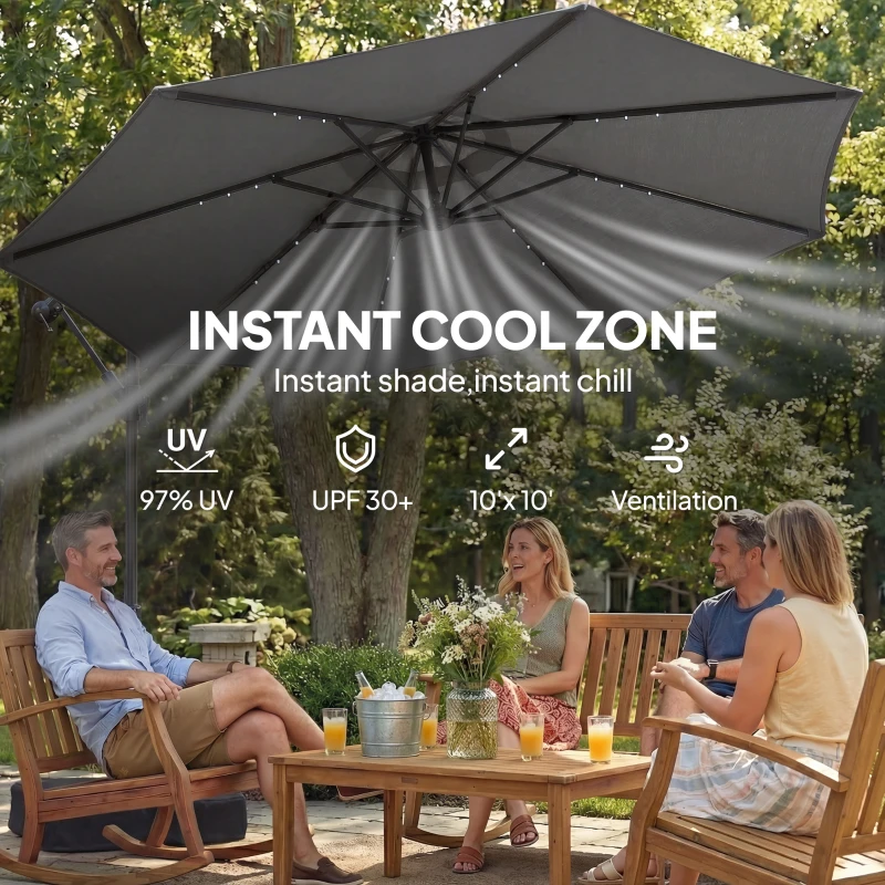 Outsunny 10 ft Cantilever Patio Umbrella with Light, Weight, Offset Hanging Outdoor Umbrella with Protective Cover, Dark Gray