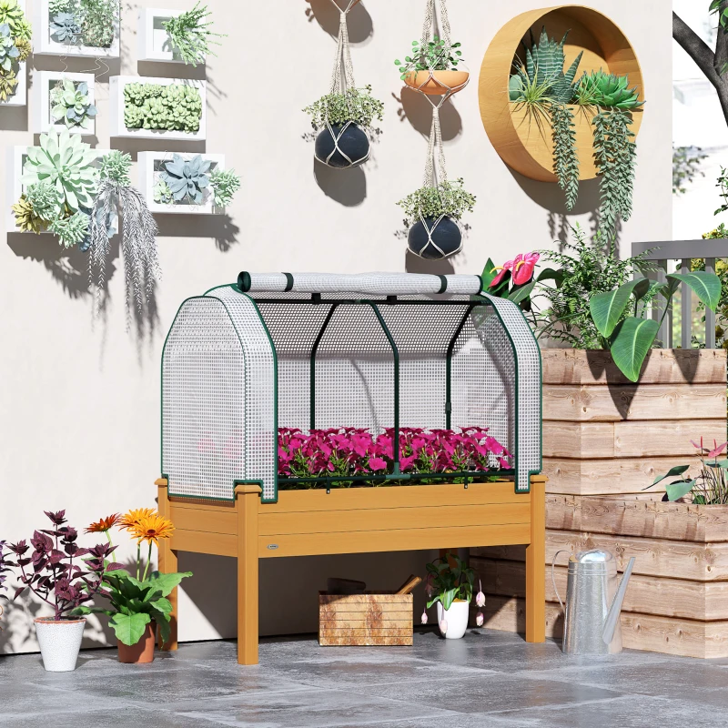 Outsunny Raised Garden Bed with PE Greenhouse Cover Outdoor Elevated Wood Planter Box for Herbs and Vegetables Sand