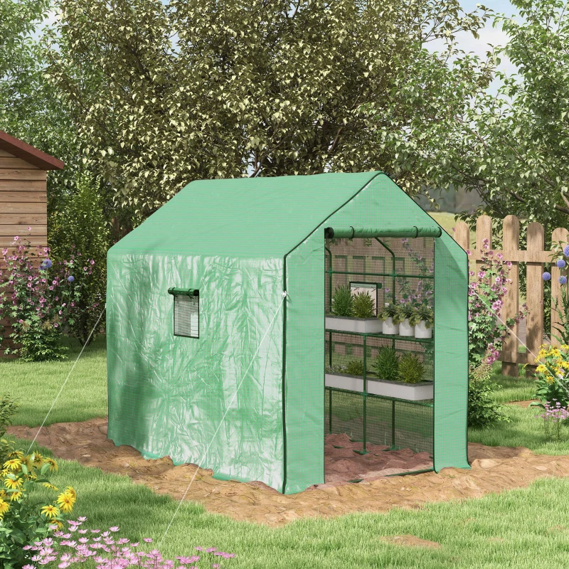 Outsunny Walk-in Greenhouse with 3 Tier, Garden Plant Growhouse with Roll-up Door and Mesh Windows, 140 x 213 x 190 cm, Green