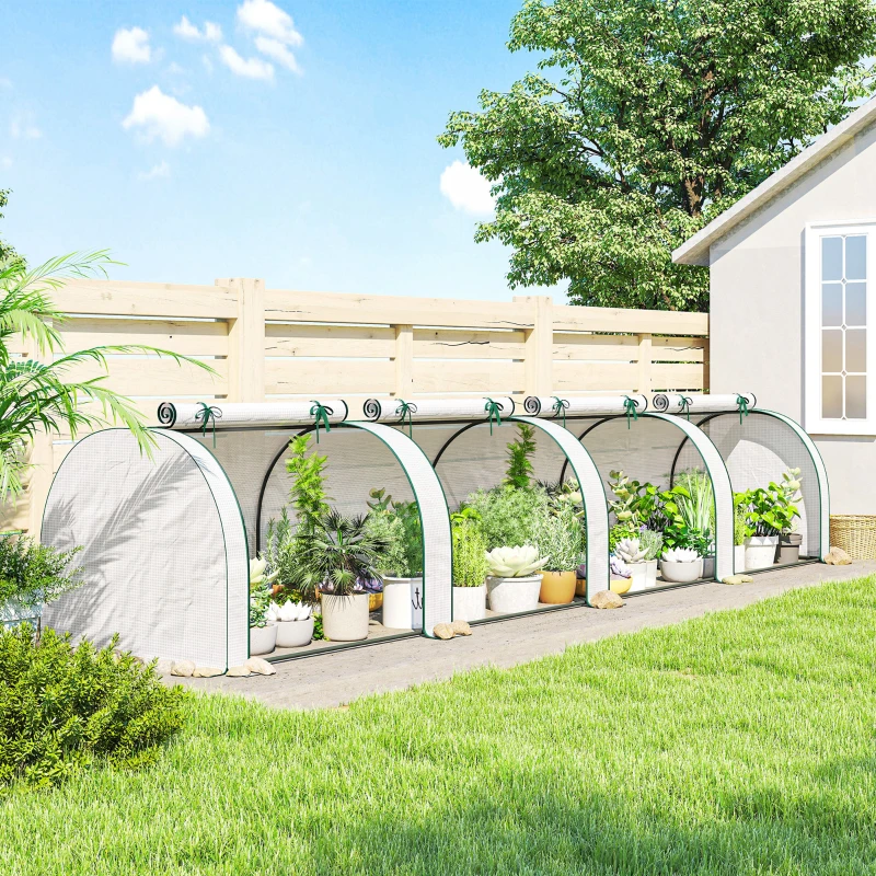 Outsunny Mini Greenhouse, Portable Greenhouse with 4 Roll-Up Doors, PE Cover, 177.2" x 39.4" x 31.5", White